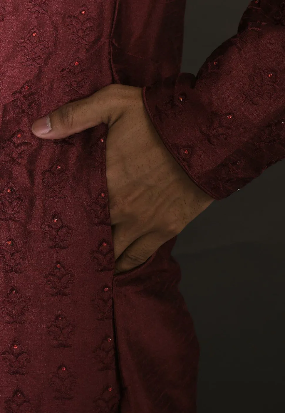 Embroidered Dupion Silk Kurta Set in Maroon
