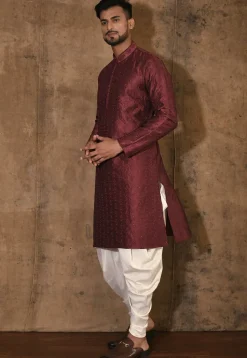 Embroidered Dupion Silk Kurta Set in Maroon