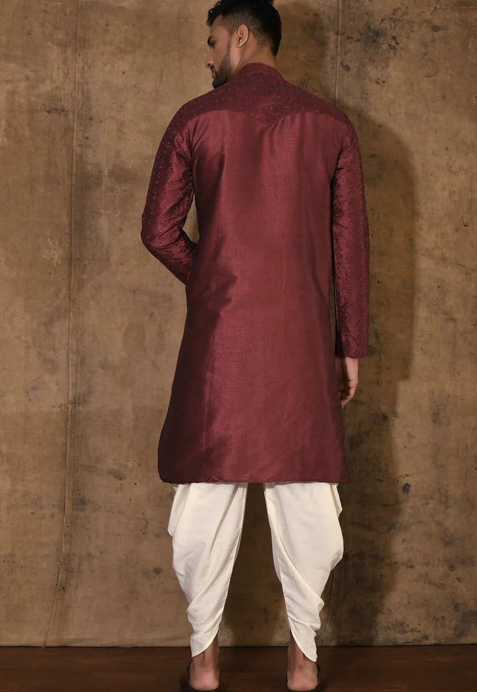 Embroidered Dupion Silk Kurta Set in Maroon