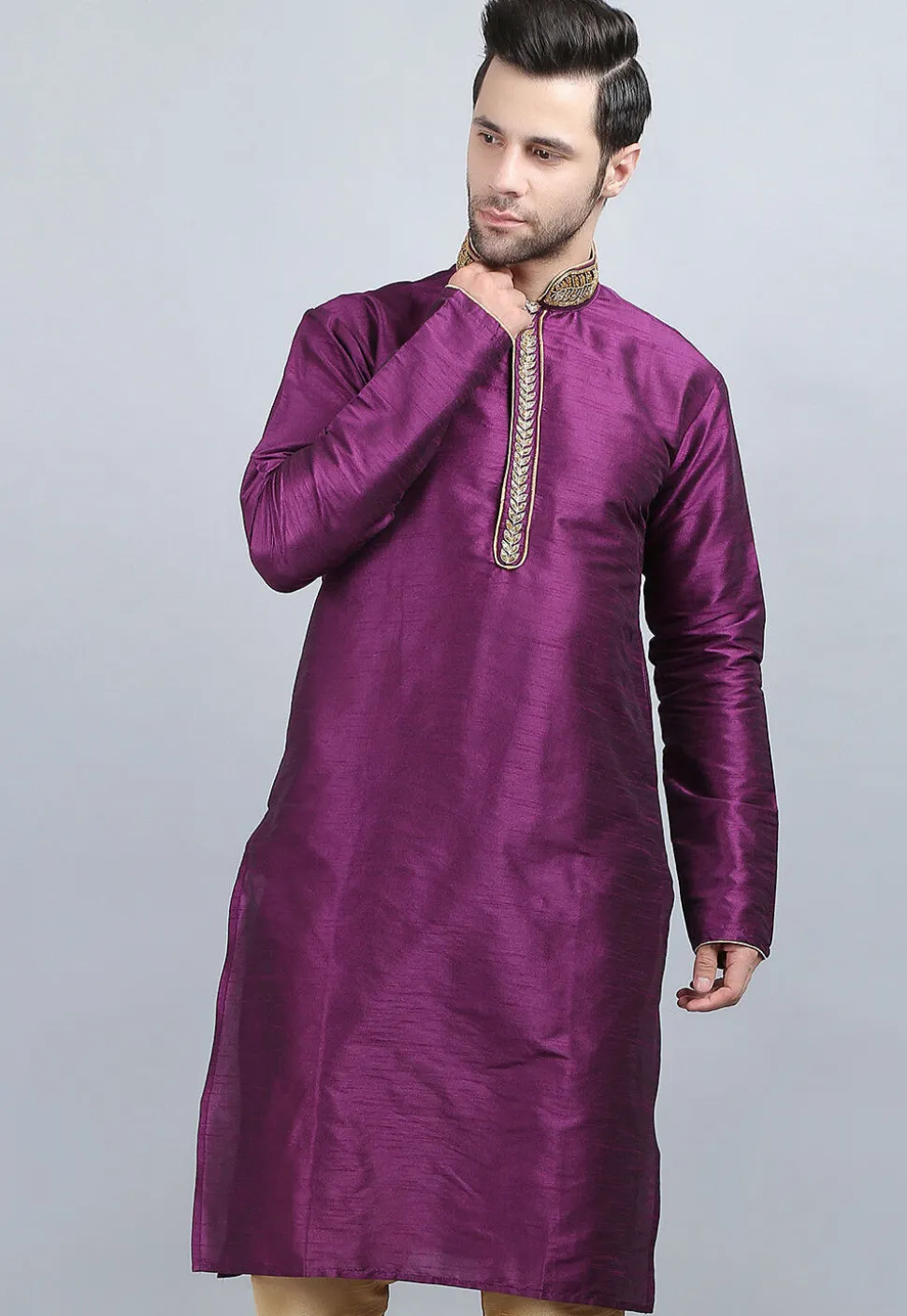 Embroidered Dupion Silk Kurta in Violet