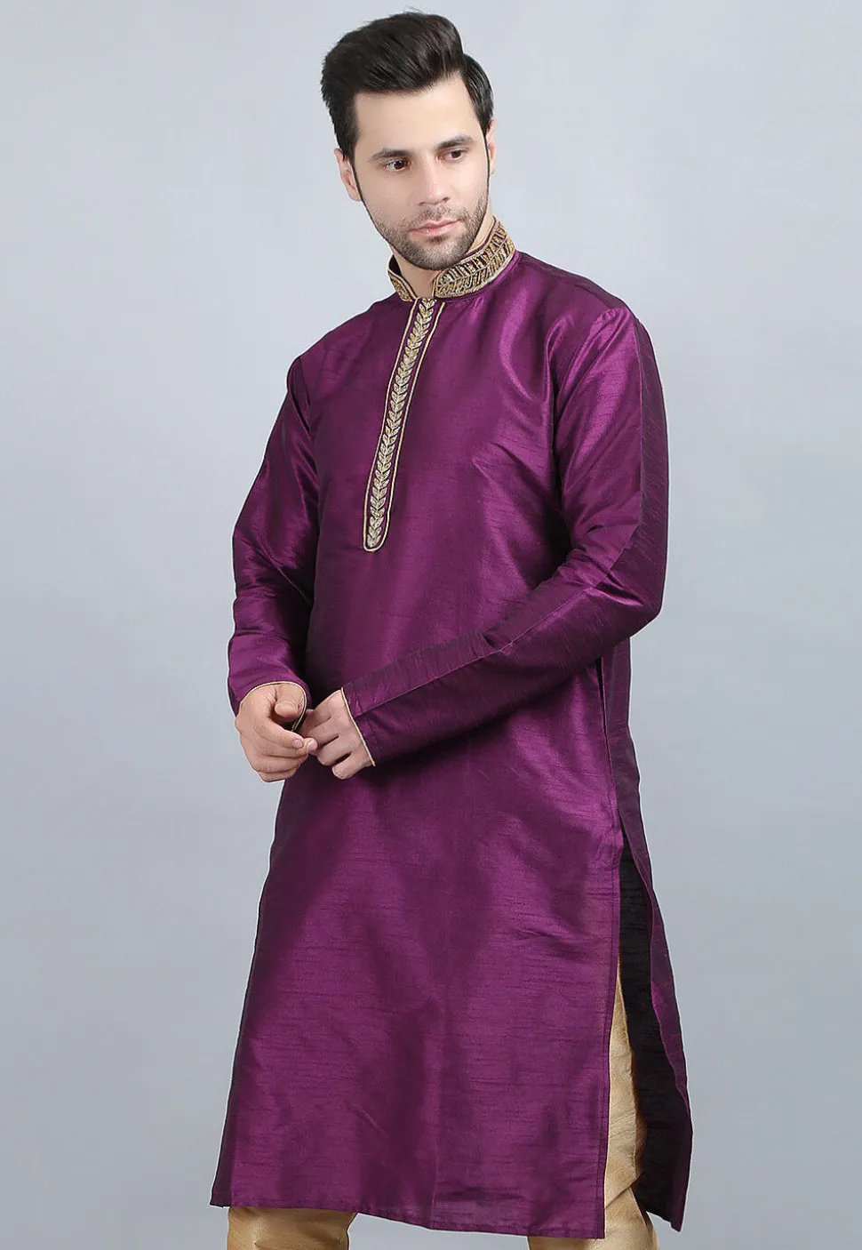 Embroidered Dupion Silk Kurta in Violet