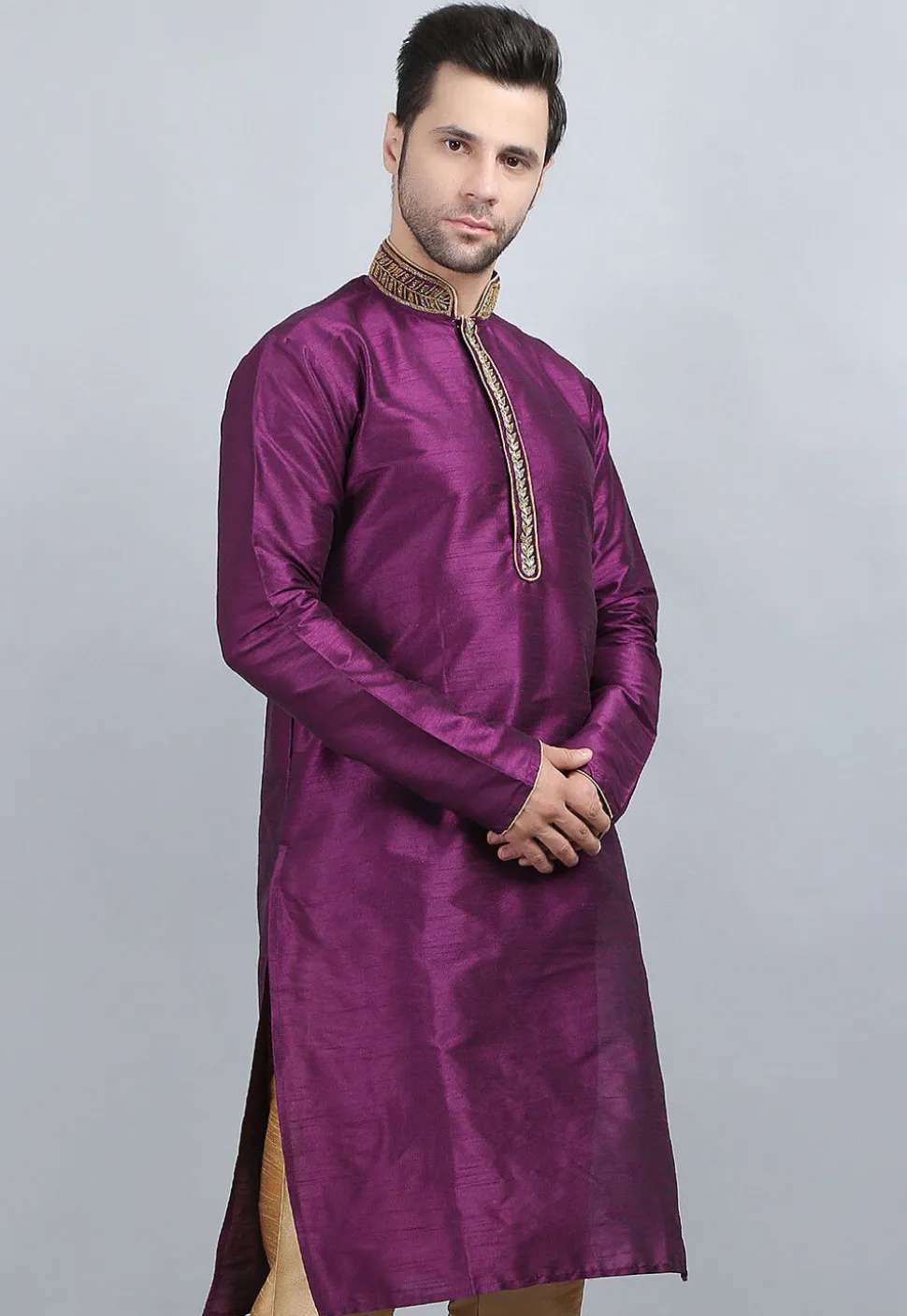 Embroidered Dupion Silk Kurta in Violet