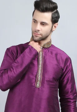 Embroidered Dupion Silk Kurta in Violet
