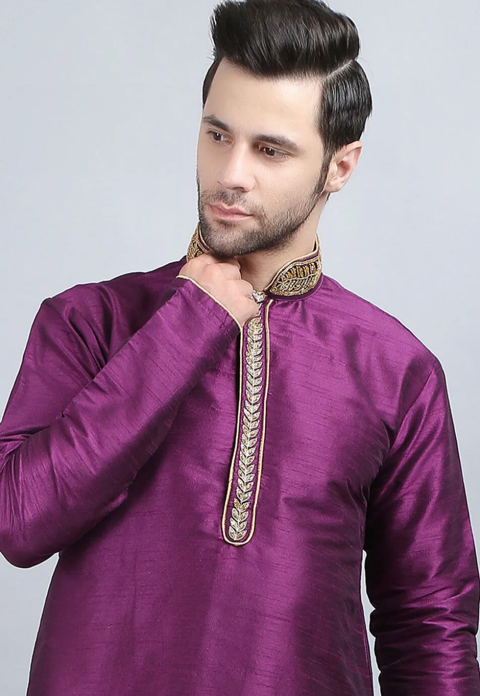 Embroidered Dupion Silk Kurta in Violet