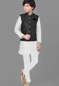 Embroidered Dupion Silk Kurta Set in Off White and Black