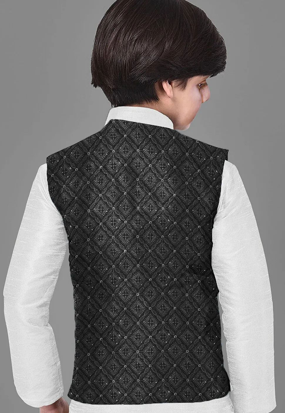 Embroidered Dupion Silk Kurta Set in Off White and Black