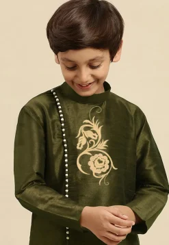 Embroidered Dupion Silk Kurta Set in Olive Green