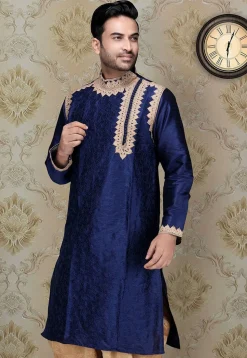 Embroidered Dupion Silk Kurta in Navy Blue