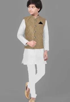 Embroidered Dupion Silk Kurta Set in Off White and Dark Beige