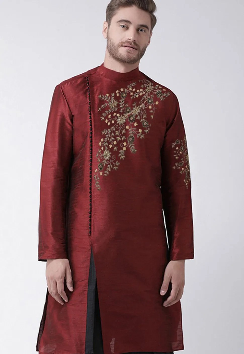 Embroidered Dupion Silk Kurta in Maroon