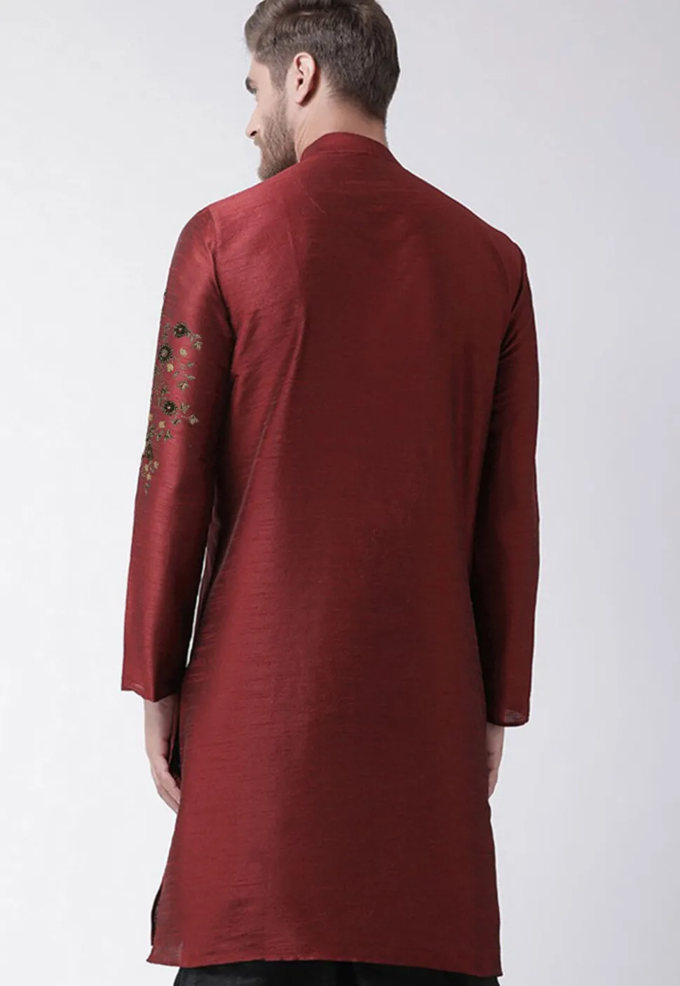 Embroidered Dupion Silk Kurta in Maroon