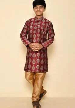 Embroidered Dupion Silk Kurta in Maroon