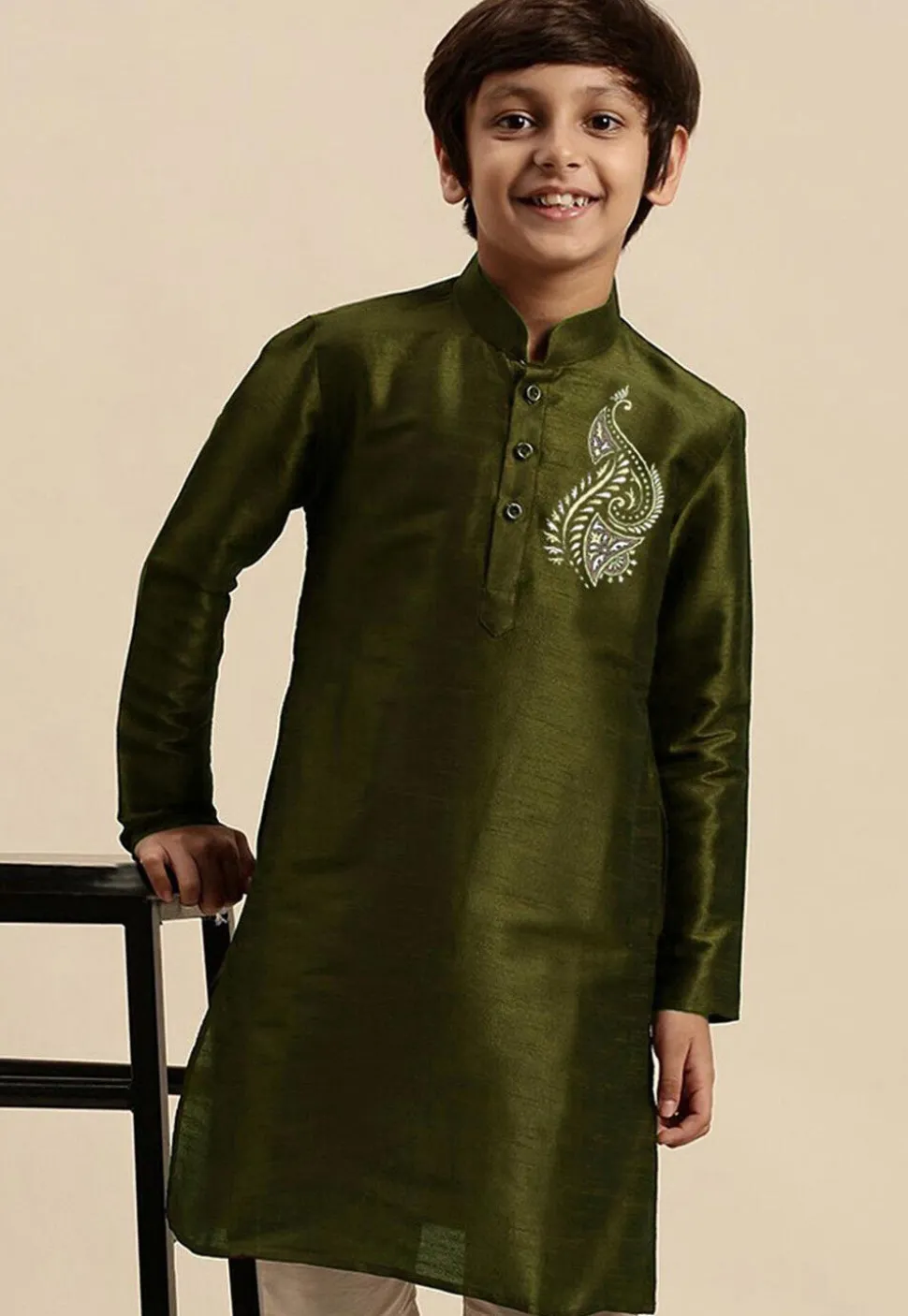 Embroidered Dupion Silk Kurta in Olive Green
