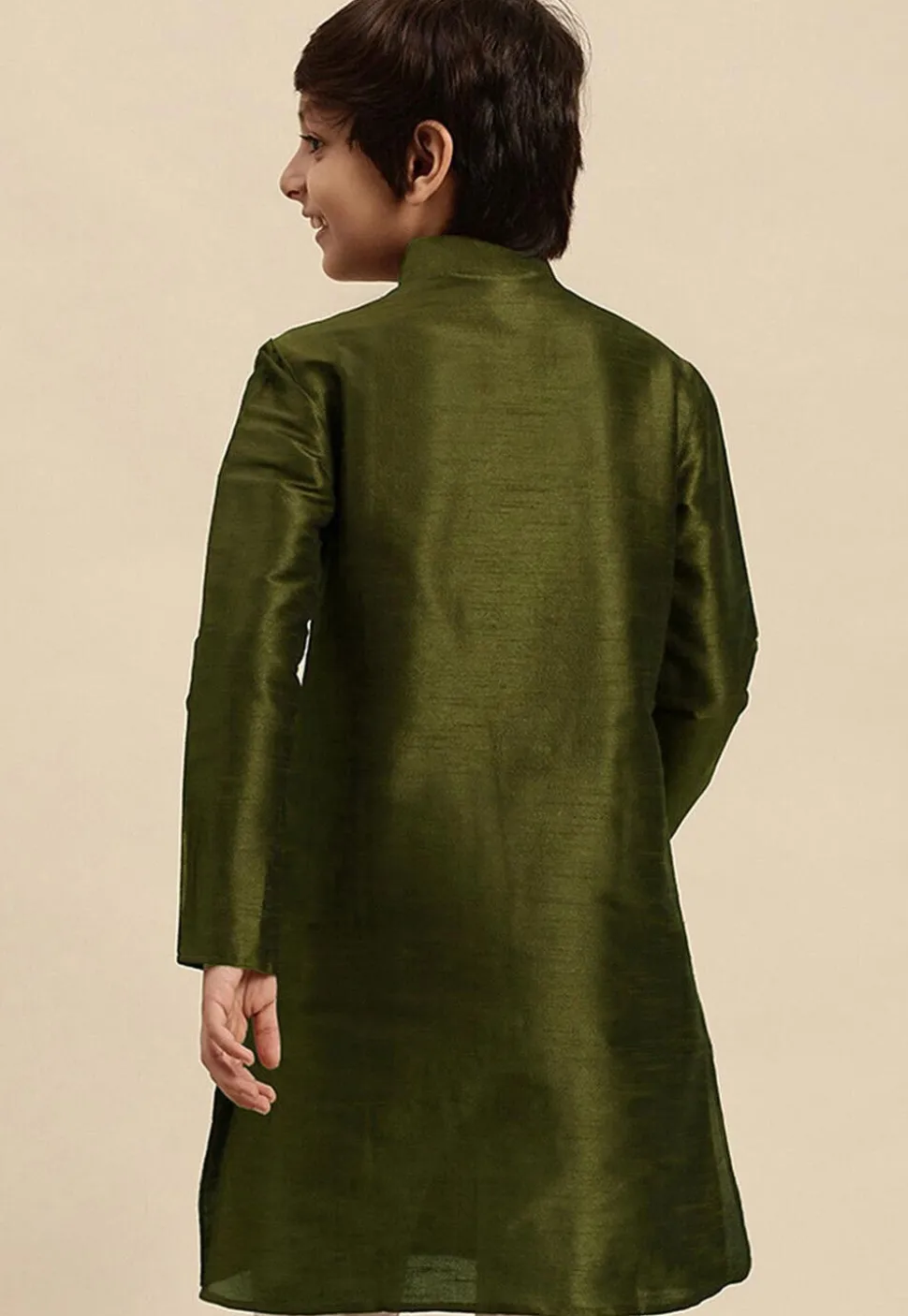 Embroidered Dupion Silk Kurta in Olive Green