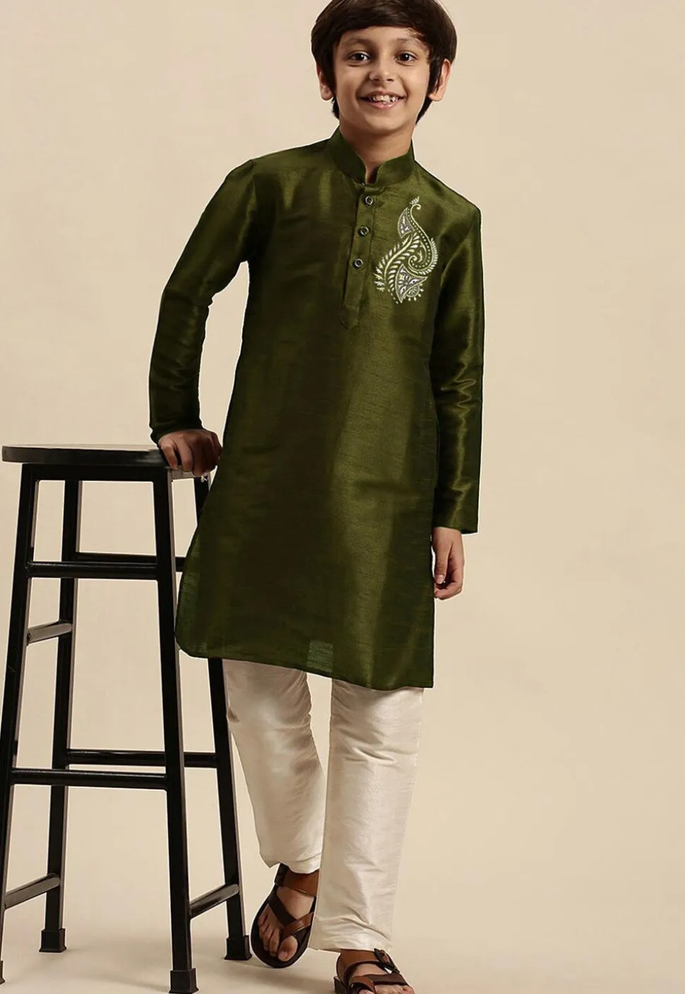 Embroidered Dupion Silk Kurta in Olive Green