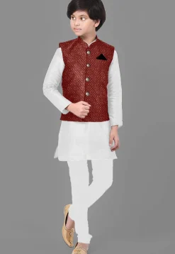 Embroidered Dupion Silk Kurta Set in Off White and Maroon