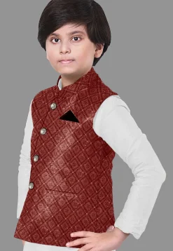 Embroidered Dupion Silk Kurta Set in Off White and Maroon