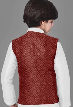 Embroidered Dupion Silk Kurta Set in Off White and Maroon
