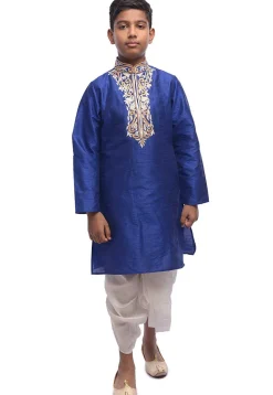 Embroidered Dupion Silk Kurta Set in Royal Blue