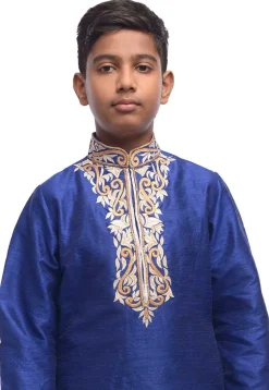 Embroidered Dupion Silk Kurta Set in Royal Blue