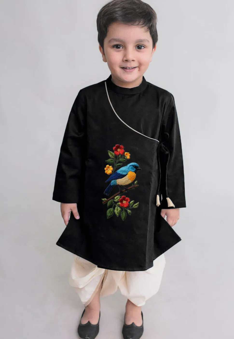 Embroidered Dupion Silk Kurta Set in Black