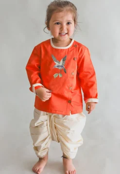 Embroidered Dupion Silk Kurta Set in Orange