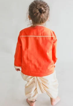 Embroidered Dupion Silk Kurta Set in Orange