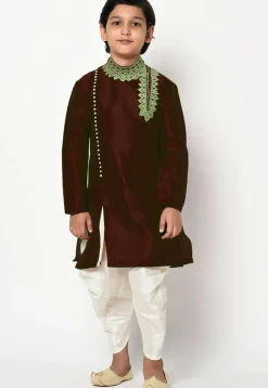 Embroidered Dupion Silk Kurta Set in Maroon