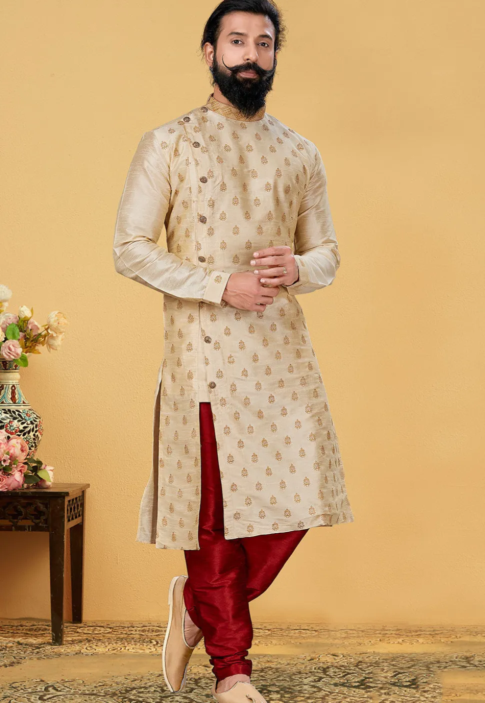 Embroidered Dupion Silk Kurta in Light Beige