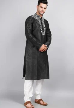 Embroidered Dupion Silk Kurta Set in Black