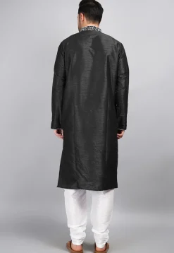 Embroidered Dupion Silk Kurta Set in Black