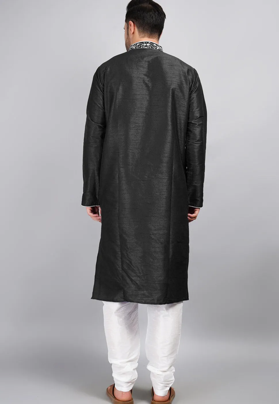 Embroidered Dupion Silk Kurta Set in Black