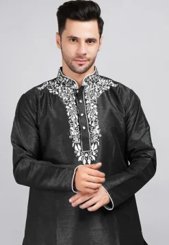 Embroidered Dupion Silk Kurta Set in Black