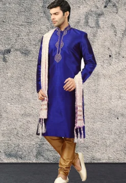 Embroidered Dupion Silk Kurta Set in Royal Blue