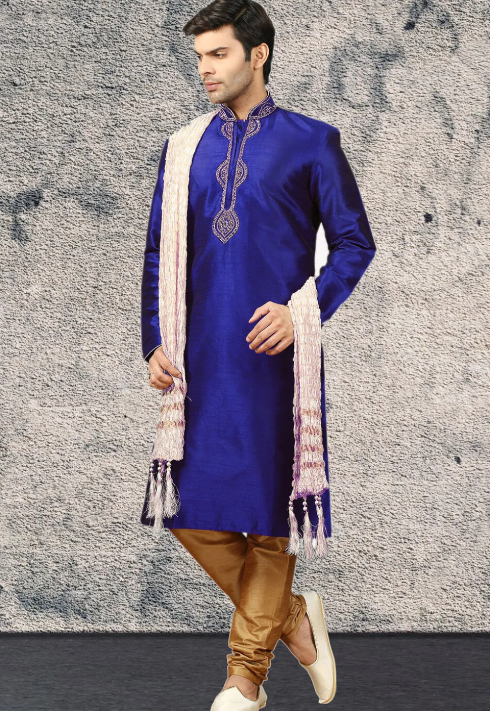 Embroidered Dupion Silk Kurta Set in Royal Blue