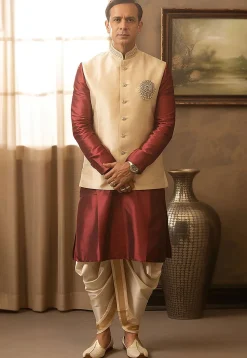 Embroidered Dupion Silk Kurta Set in Maroon and Cream