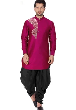 Embroidered Dupion Silk Kurta Set in Magenta