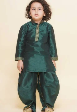Embroidered Dupion Silk Kurta Set in Dark Green