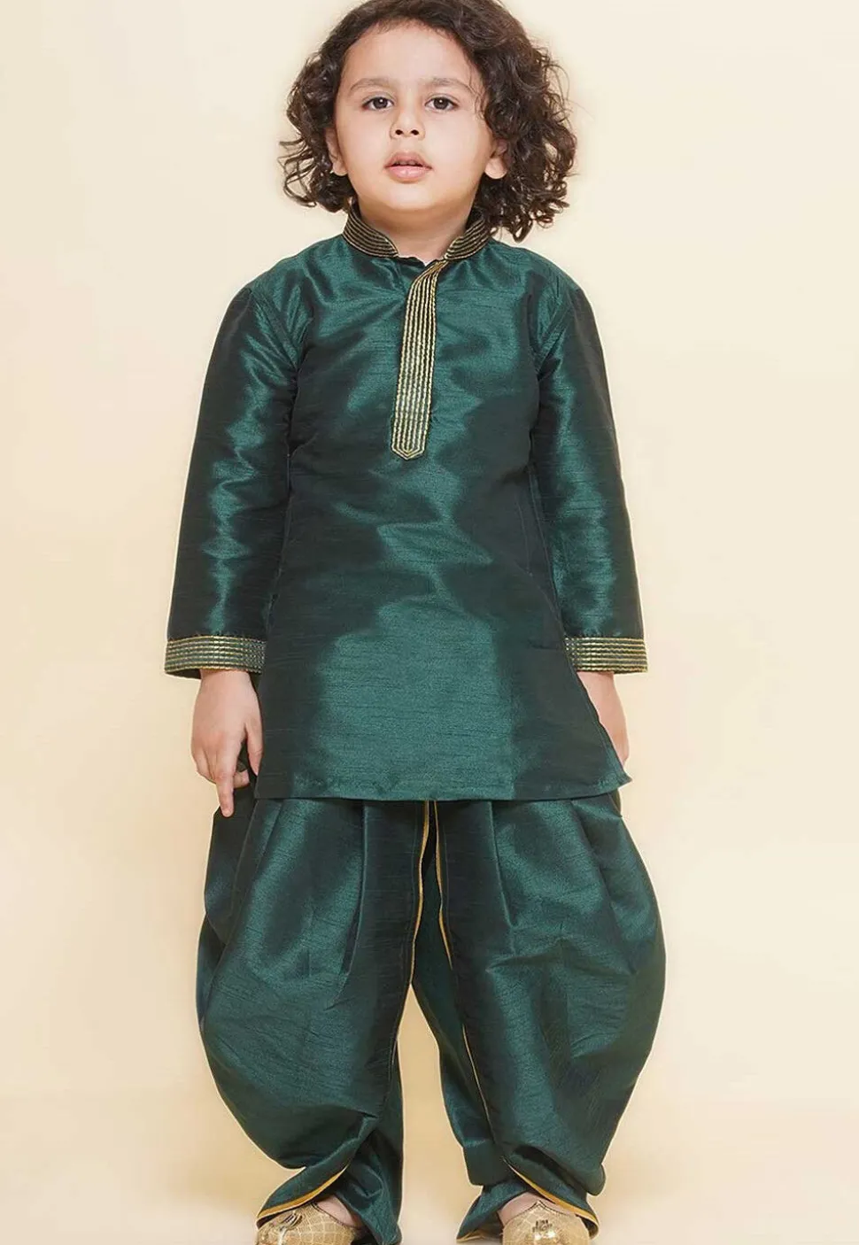 Embroidered Dupion Silk Kurta Set in Dark Green