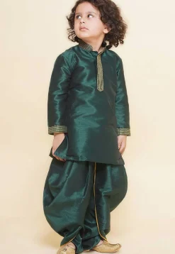 Embroidered Dupion Silk Kurta Set in Dark Green