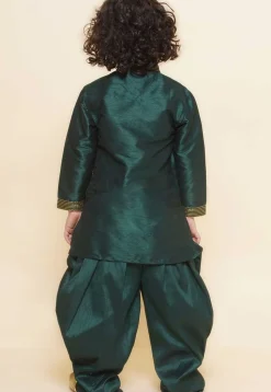 Embroidered Dupion Silk Kurta Set in Dark Green