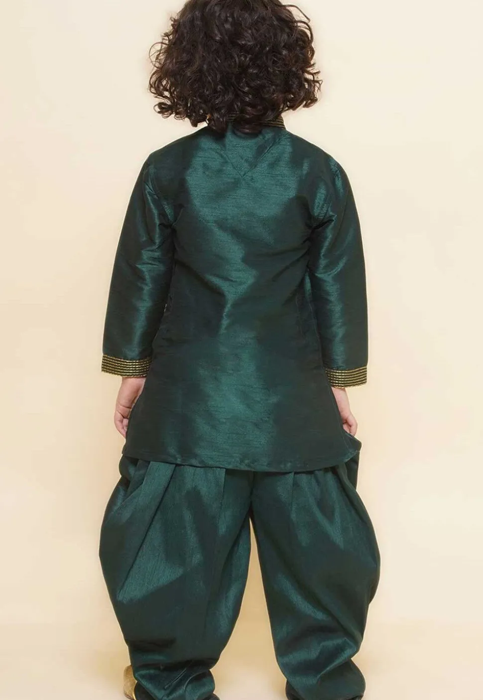 Embroidered Dupion Silk Kurta Set in Dark Green