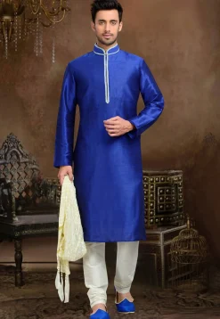 Embroidered Dupion Silk Kurta Set in Royal Blue