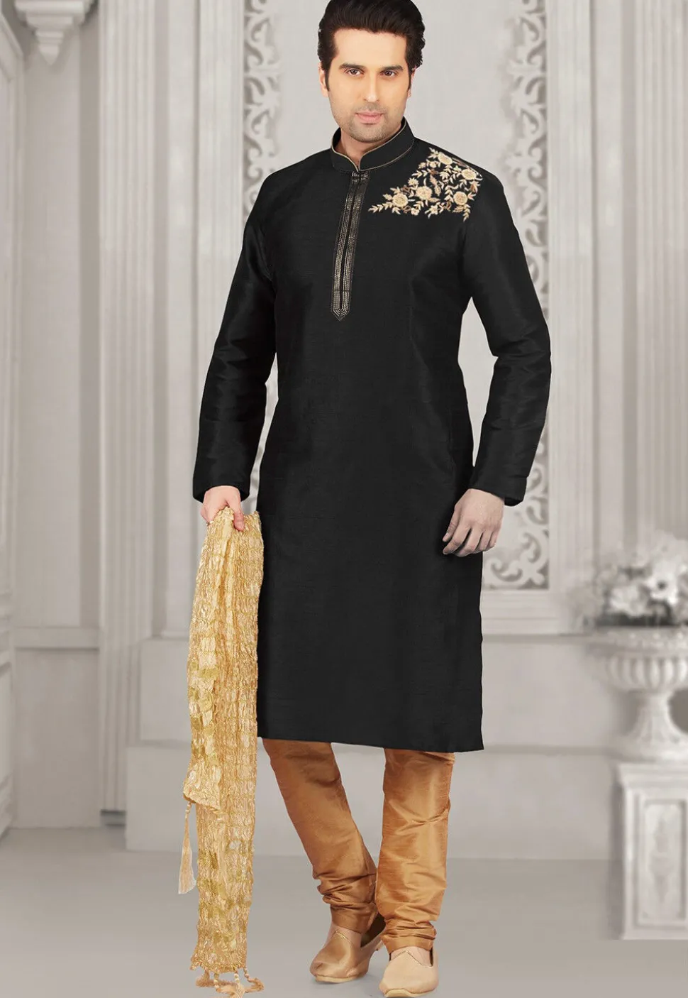 Embroidered Dupion Silk Kurta Set in Black