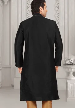 Embroidered Dupion Silk Kurta Set in Black