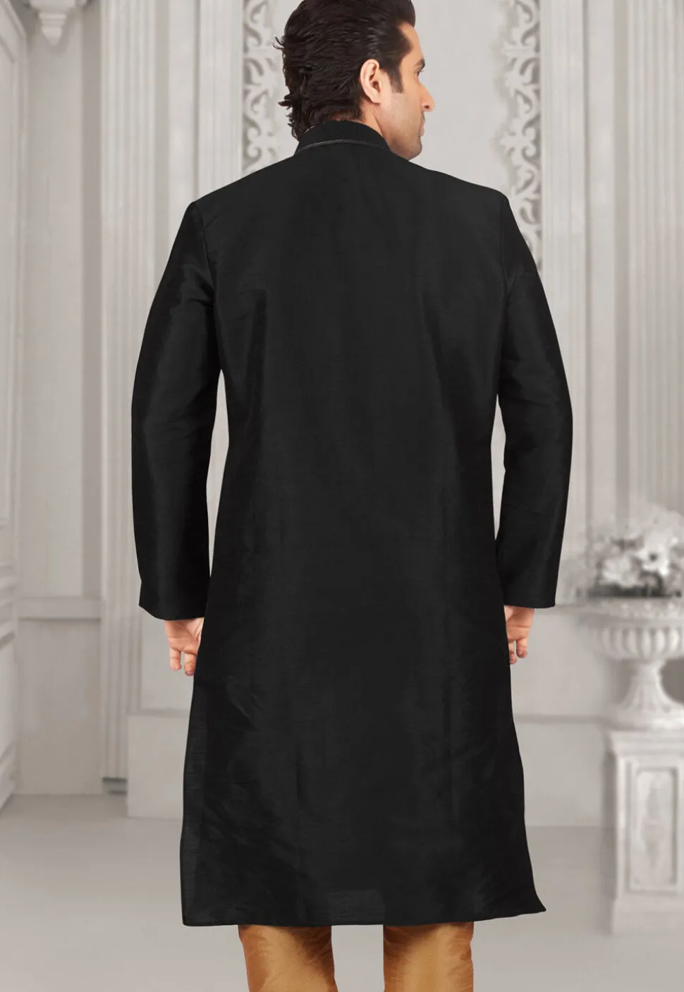 Embroidered Dupion Silk Kurta Set in Black