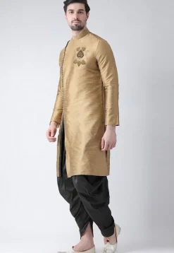 Embroidered Dupion Silk Kurta Set in Beige