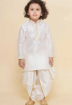 Embroidered Dupion Silk Kurta Set in Off White
