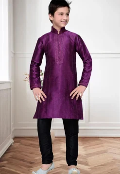 Embroidered Dupion Silk Kurta Set in Purple