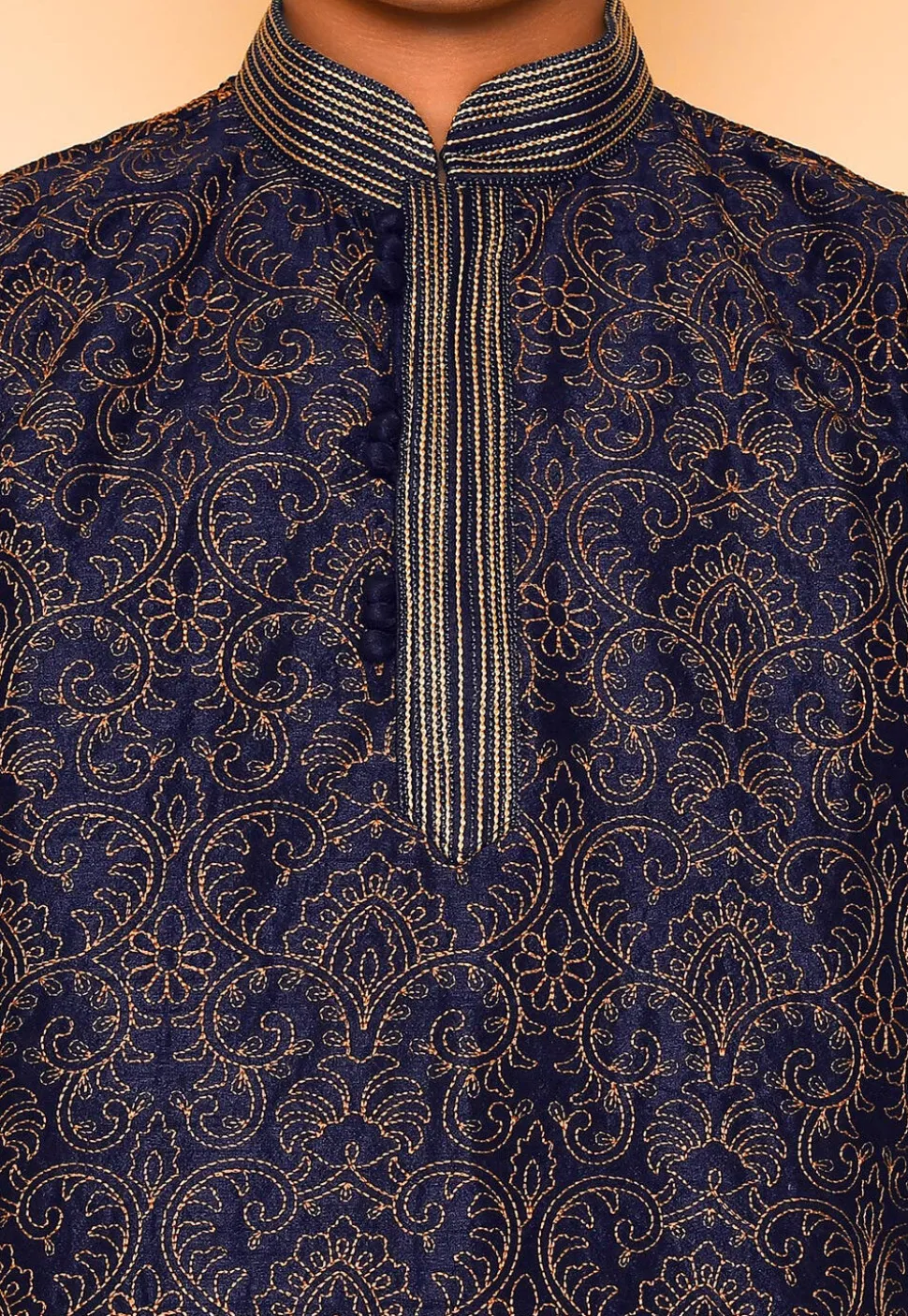 Embroidered Dupion Silk Kurta in Navy Blue